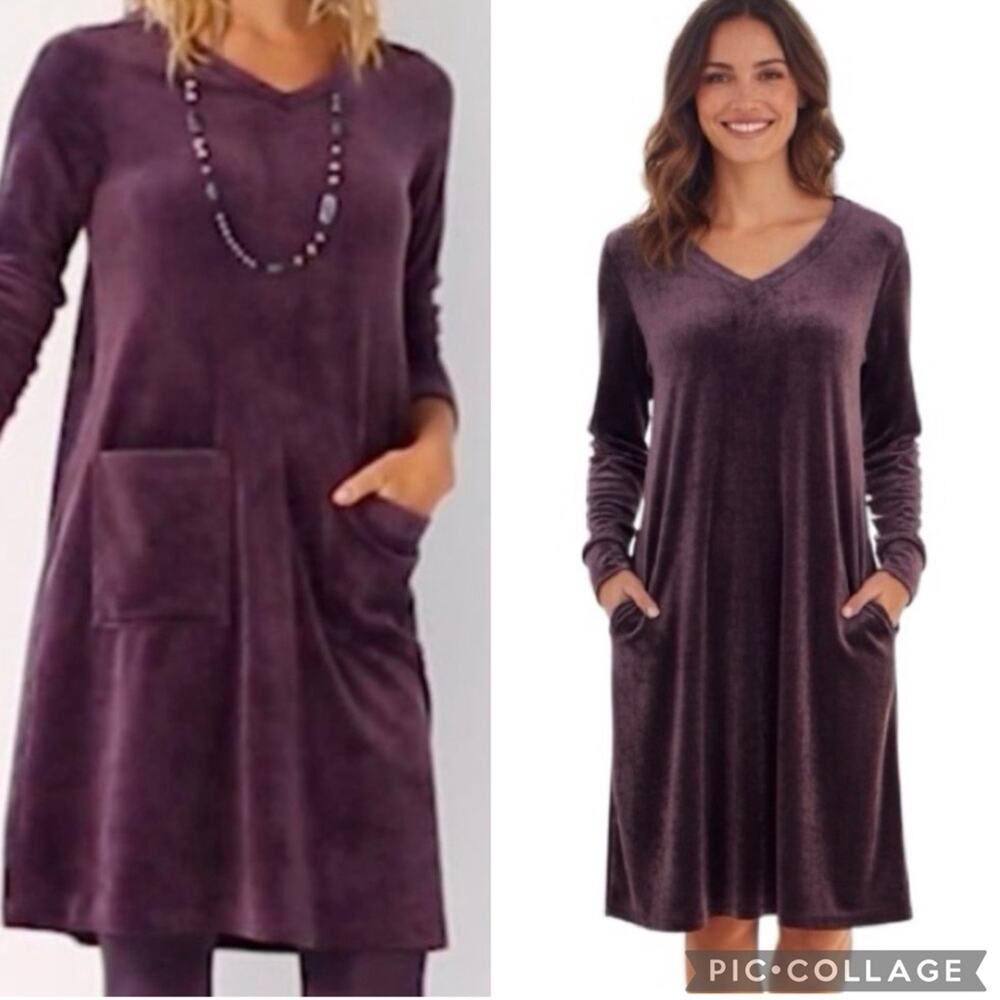 J. Jill Velour Velvet Shift Dress Long Sleeve V Neck Pockets Black Violet Medium